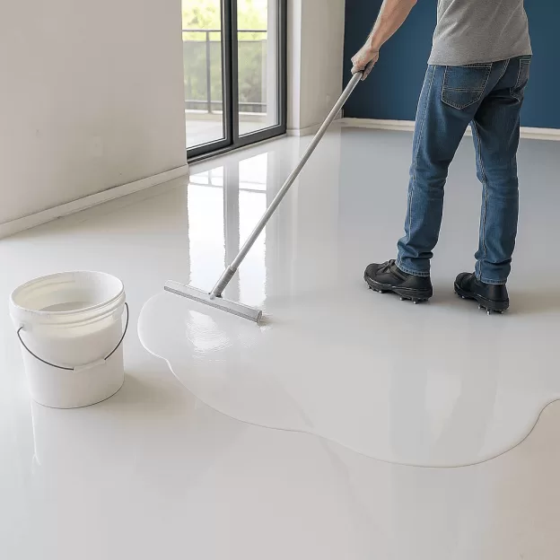 Aplicação de porcelanato líquido da Retaprene em piso residencial com acabamento espelhado