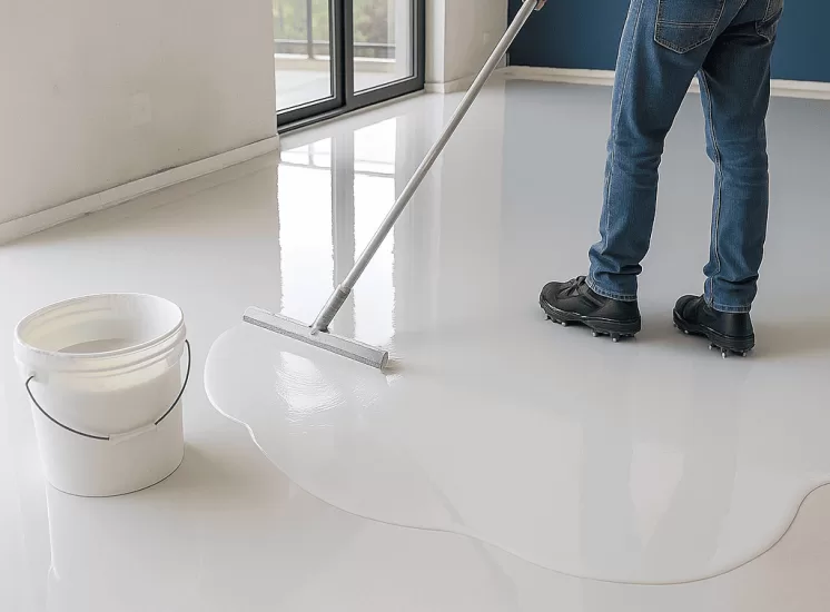 Aplicação de porcelanato líquido da Retaprene em piso residencial com acabamento espelhado