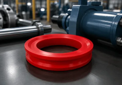Anel em poliuretano vermelho utilizado em equipamentos industriais para vedação de sistemas hidráulicos e mecânicos de alta resistência ao desgaste.