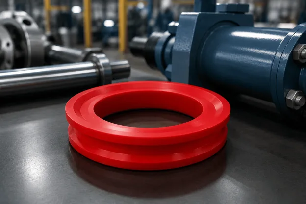 Anel em poliuretano vermelho utilizado em equipamentos industriais para vedação de sistemas hidráulicos e mecânicos de alta resistência ao desgaste.
