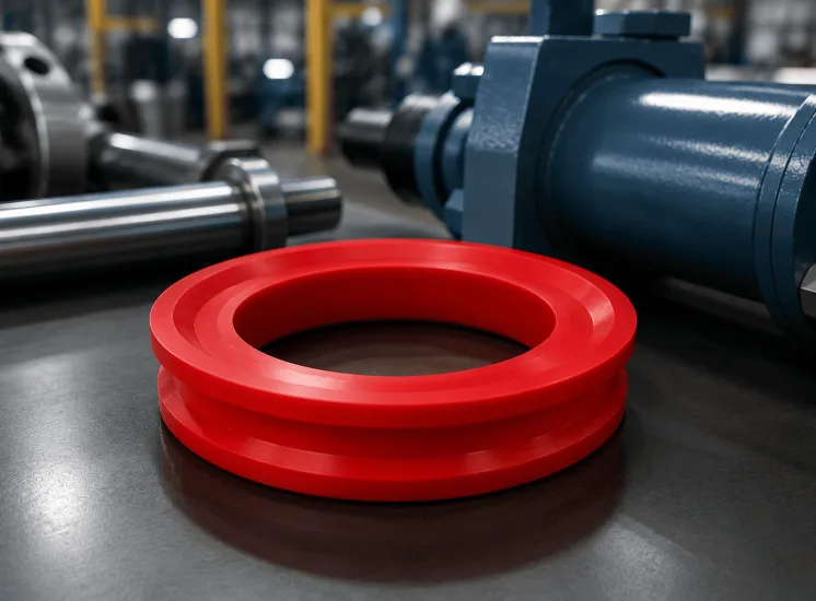 Anel em poliuretano vermelho utilizado em equipamentos industriais para vedação de sistemas hidráulicos e mecânicos de alta resistência ao desgaste.