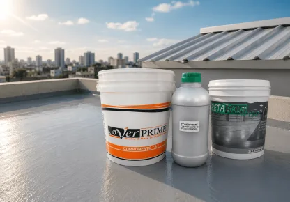 Produtos Cover Prime e Reta Skin Piso sobre uma cobertura impermeabilizada, representando uma solução de impermeabilização em cobertura para eliminar goteiras e proteger o imóvel contra infiltrações.