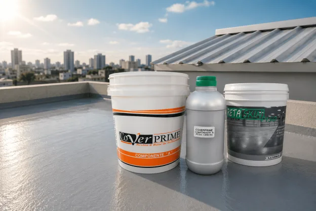Produtos Cover Prime e Reta Skin Piso sobre uma cobertura impermeabilizada, representando uma solução de impermeabilização em cobertura para eliminar goteiras e proteger o imóvel contra infiltrações.