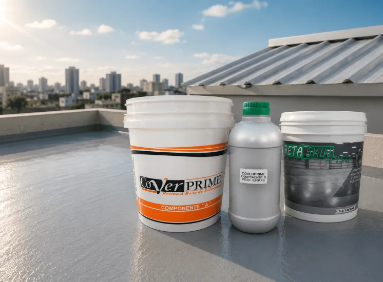 Produtos Cover Prime e Reta Skin Piso sobre uma cobertura impermeabilizada, representando uma solução de impermeabilização em cobertura para eliminar goteiras e proteger o imóvel contra infiltrações.
