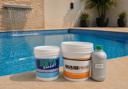 Produtos Reta Smart, CoverPrime e Reta Skin Piso posicionados ao lado de uma piscina, representando soluções para impermeabilização em piscina, prevenção de vazamentos e proteção da estrutura contra fissuras.
