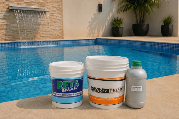 Produtos Reta Smart, CoverPrime e Reta Skin Piso posicionados ao lado de uma piscina, representando soluções para impermeabilização em piscina, prevenção de vazamentos e proteção da estrutura contra fissuras.
