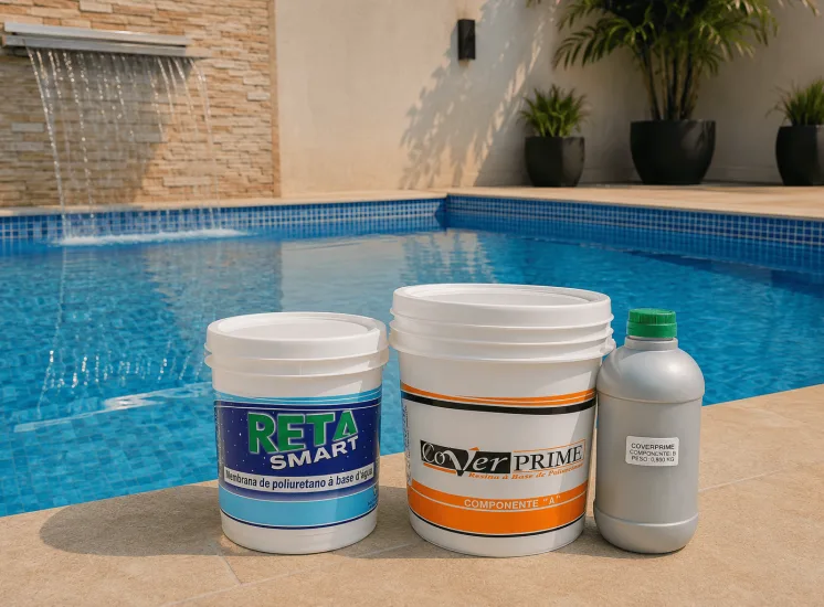 Produtos Reta Smart, CoverPrime e Reta Skin Piso posicionados ao lado de uma piscina, representando soluções para impermeabilização em piscina, prevenção de vazamentos e proteção da estrutura contra fissuras.