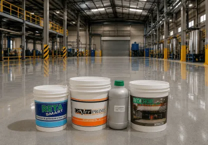 Produtos Reta Smart, CoverPrime e Reta Skin posicionados sobre o piso de um ambiente industrial, representando soluções de impermeabilização industrial para proteção de pisos, estruturas e áreas de alta exigência.