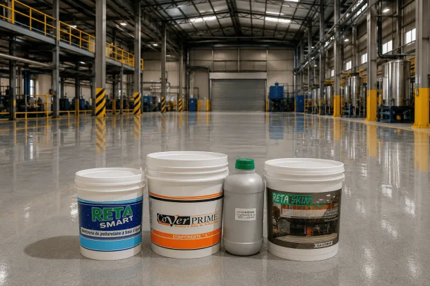Produtos Reta Smart, CoverPrime e Reta Skin posicionados sobre o piso de um ambiente industrial, representando soluções de impermeabilização industrial para proteção de pisos, estruturas e áreas de alta exigência.