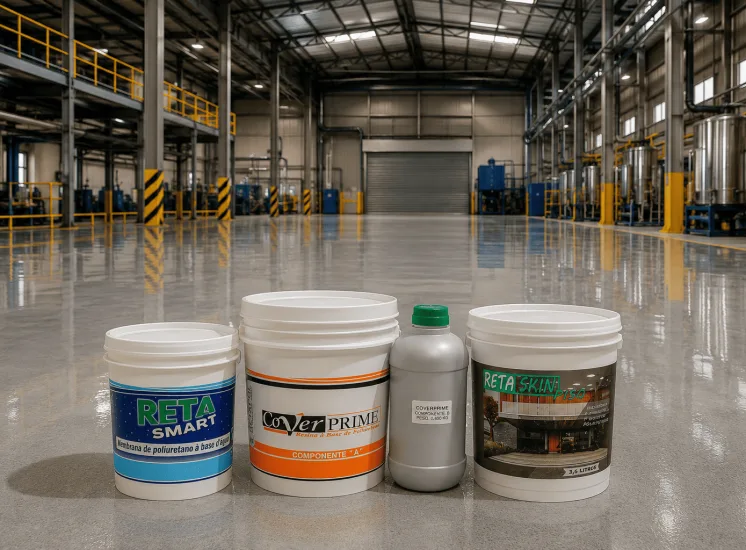 Produtos Reta Smart, CoverPrime e Reta Skin posicionados sobre o piso de um ambiente industrial, representando soluções de impermeabilização industrial para proteção de pisos, estruturas e áreas de alta exigência.