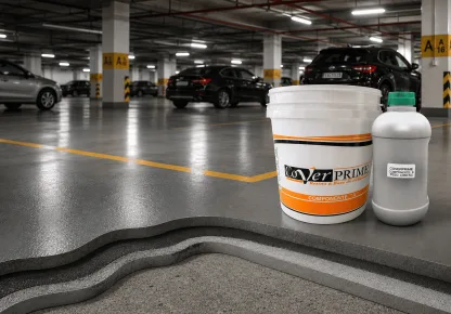 Produto de impermeabilização Cover Prime em destaque sobre piso de garagem com corte técnico das camadas, representando um sistema de impermeabilização para tráfego de veículos em estacionamentos e garagens.
