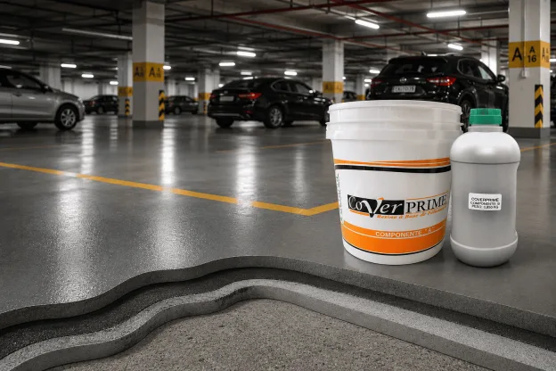 Produto de impermeabilização Cover Prime em destaque sobre piso de garagem com corte técnico das camadas, representando um sistema de impermeabilização para tráfego de veículos em estacionamentos e garagens.