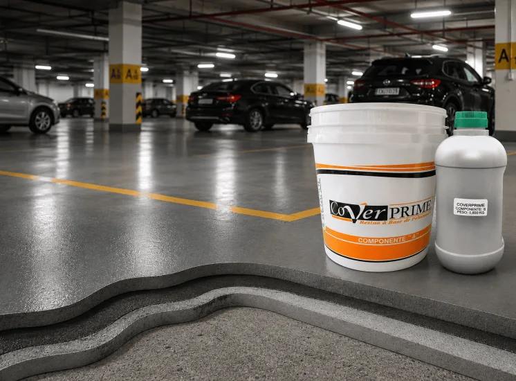 Produto de impermeabilização Cover Prime em destaque sobre piso de garagem com corte técnico das camadas, representando um sistema de impermeabilização para tráfego de veículos em estacionamentos e garagens.