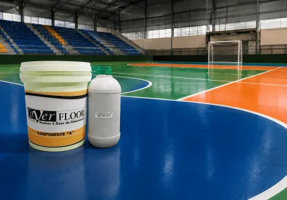 Piso esportivo em quadra coberta de alta performance com revestimento em poliuretano, proporcionando ergonomia, resistência ao desgaste e durabilidade para modalidades esportivas de alto nível.