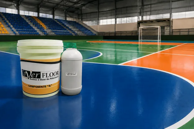 Piso esportivo em quadra coberta de alta performance com revestimento em poliuretano, proporcionando ergonomia, resistência ao desgaste e durabilidade para modalidades esportivas de alto nível.