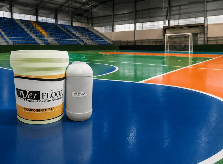 Piso esportivo em quadra coberta de alta performance com revestimento em poliuretano, proporcionando ergonomia, resistência ao desgaste e durabilidade para modalidades esportivas de alto nível.