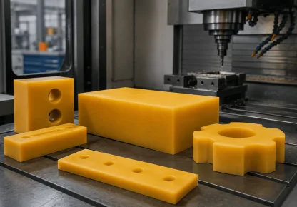 Fotografia em plano fechado de um bloco em poliuretano amarelo e peças usinadas em PU sobre uma mesa técnica de usinagem industrial.