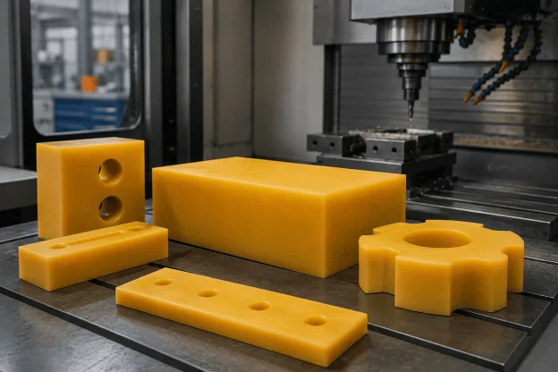 Fotografia em plano fechado de um bloco em poliuretano amarelo e peças usinadas em PU sobre uma mesa técnica de usinagem industrial.