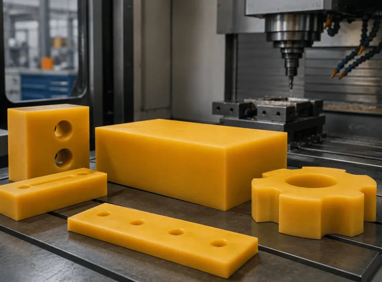 Fotografia em plano fechado de um bloco em poliuretano amarelo e peças usinadas em PU sobre uma mesa técnica de usinagem industrial.