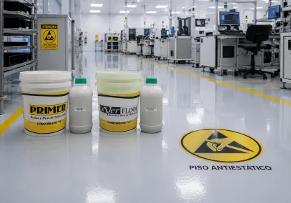 Piso industrial de alto desempenho com revestimento de poliuretano e balde de Reta Smart em ambiente fabril com empilhadeira.