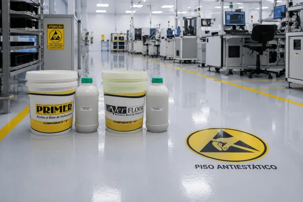 Piso industrial de alto desempenho com revestimento de poliuretano e balde de Reta Smart em ambiente fabril com empilhadeira.