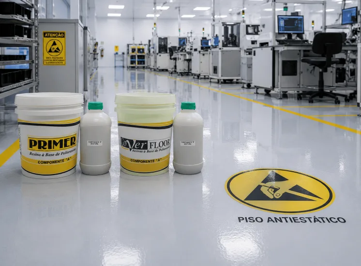Piso industrial de alto desempenho com revestimento de poliuretano e balde de Reta Smart em ambiente fabril com empilhadeira.