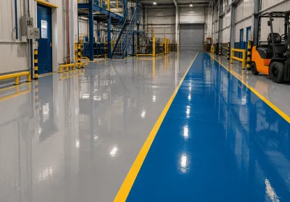 Piso epóxi brilhante em área industrial, com acabamento resistente, faixas de sinalização e empilhadeira em um galpão.