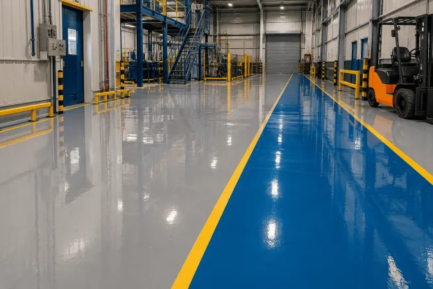 Piso epóxi brilhante em área industrial, com acabamento resistente, faixas de sinalização e empilhadeira em um galpão.