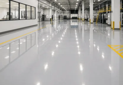 Piso líquido de resina com acabamento contínuo e brilhante em um amplo ambiente industrial, com áreas de circulação e equipamentos ao fundo.