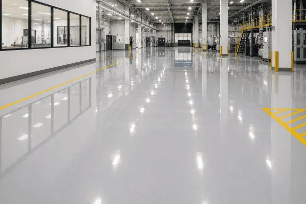 Piso líquido de resina com acabamento contínuo e brilhante em um amplo ambiente industrial, com áreas de circulação e equipamentos ao fundo.