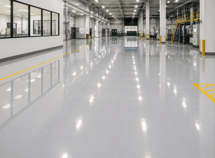 Piso líquido de resina com acabamento contínuo e brilhante em um amplo ambiente industrial, com áreas de circulação e equipamentos ao fundo.
