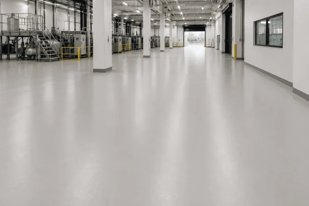 Piso monolítico contínuo e uniforme em um amplo ambiente industrial, com acabamento liso e equipamentos ao fundo.