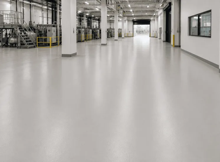 Piso monolítico contínuo e uniforme em um amplo ambiente industrial, com acabamento liso e equipamentos ao fundo.