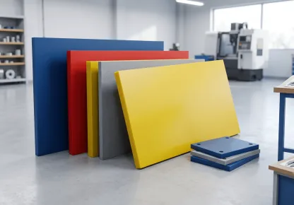 Fotografia em plano aberto de placas em poliuretano dispostas verticalmente sobre o piso de um laboratório e ambiente fabril industrial.