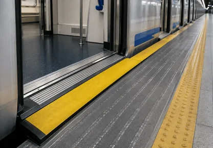 Redutor de vão em plataforma de metrô, com faixa amarela de segurança instalada entre o trem e a plataforma.