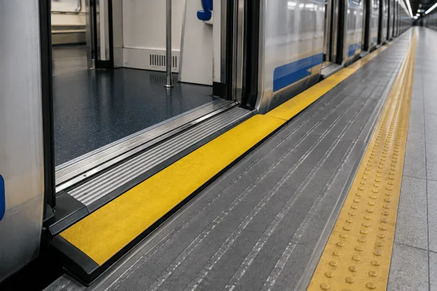 Redutor de vão em plataforma de metrô, com faixa amarela de segurança instalada entre o trem e a plataforma.