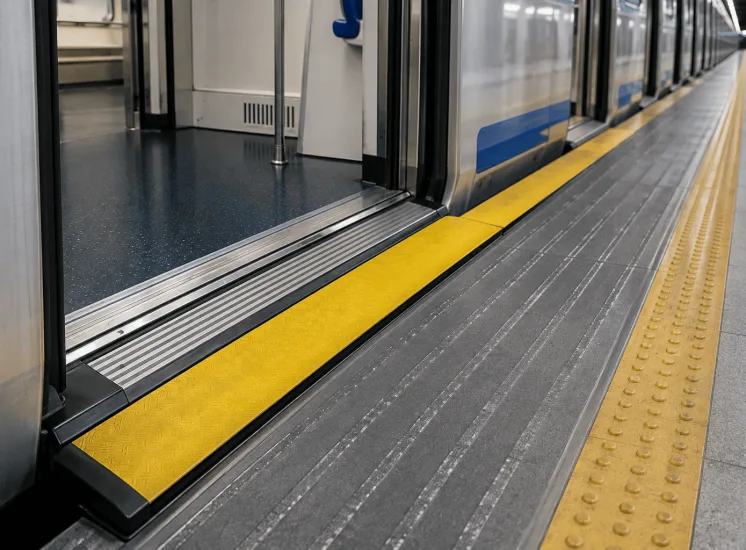 Redutor de vão em plataforma de metrô, com faixa amarela de segurança instalada entre o trem e a plataforma.