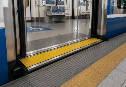 Redutor de vão de porta instalado em trem, com plataforma de embarque acessível e acabamento amarelo de alta visibilidade.