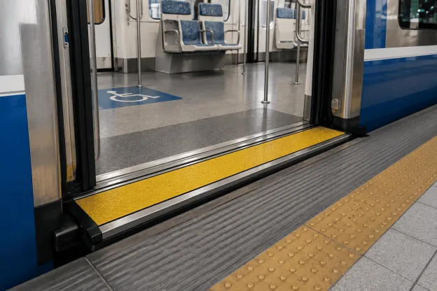 Redutor de vão de porta instalado em trem, com plataforma de embarque acessível e acabamento amarelo de alta visibilidade.