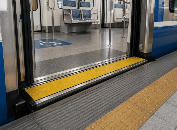 Redutor de vão de porta instalado em trem, com plataforma de embarque acessível e acabamento amarelo de alta visibilidade.