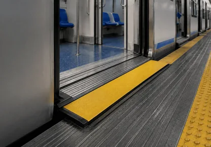 Redutor de vão amarelo instalado entre o trem e a plataforma de uma estação de metrô, criando uma passagem nivelada e acessível.