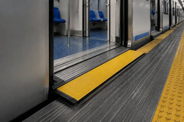 Redutor de vão amarelo instalado entre o trem e a plataforma de uma estação de metrô, criando uma passagem nivelada e acessível.