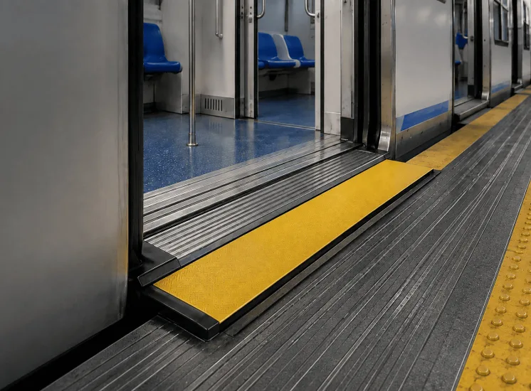 Redutor de vão amarelo instalado entre o trem e a plataforma de uma estação de metrô, criando uma passagem nivelada e acessível.