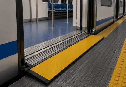 Redutor de vão amarelo instalado entre a porta aberta de um trem e a plataforma, preenchendo o espaço entre o vagão e o piso da estação.