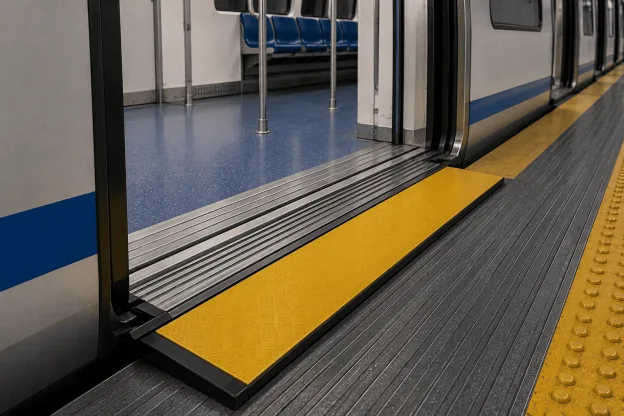 Redutor de vão amarelo instalado entre a porta aberta de um trem e a plataforma, preenchendo o espaço entre o vagão e o piso da estação.