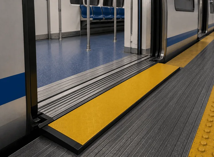 Redutor de vão amarelo instalado entre a porta aberta de um trem e a plataforma, preenchendo o espaço entre o vagão e o piso da estação.