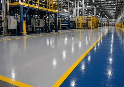 Revestimento de piso industrial de alta performance em fábrica, com acabamento resistente, áreas demarcadas e máquinas ao fundo.