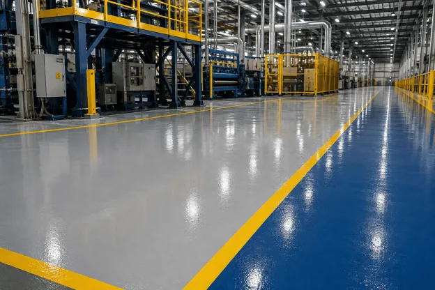 Revestimento de piso industrial de alta performance em fábrica, com acabamento resistente, áreas demarcadas e máquinas ao fundo.