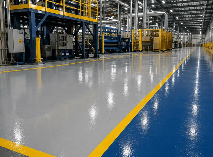 Revestimento de piso industrial de alta performance em fábrica, com acabamento resistente, áreas demarcadas e máquinas ao fundo.