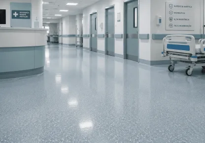 Revestimento de piso hospitalar monolítico e asséptico em corredor de hospital moderno, com superfície contínua de fácil higienização e alta segurança para ambientes de saúde.